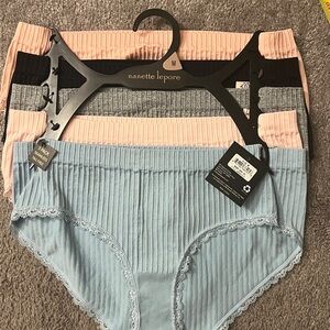Nanette Lepore Ribbed Panty Collection in Pink, Black, Gray, and Blue. Set of 5